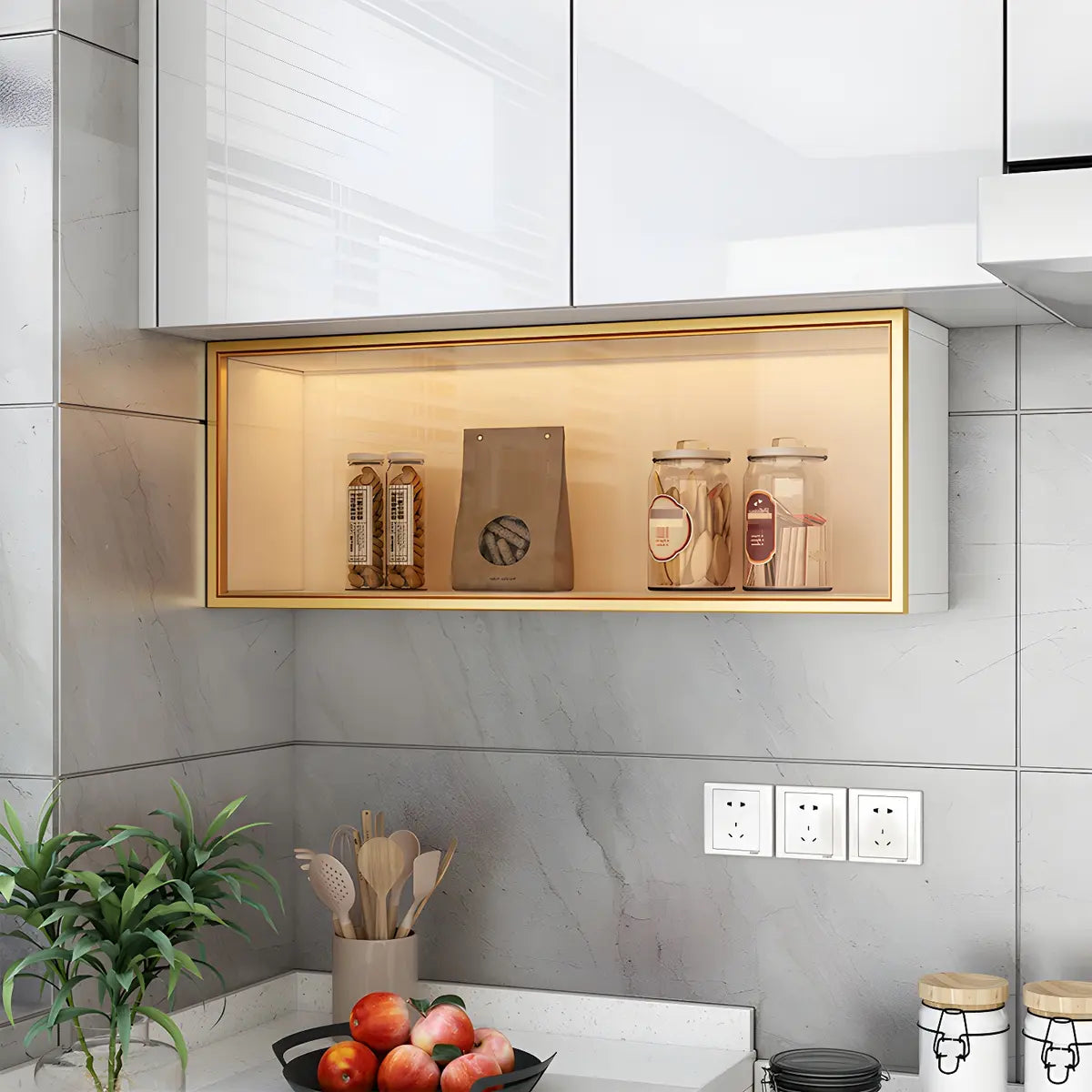 Wood Wall Cabinet with Glass Door for Kitchen Storage and Living Room Display 12 inch Height Multiple Widths Optional LED Lighting Mounted O