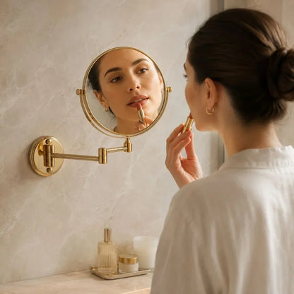 Extendable Dual-Sided Vanity Mirror with Adjustable Wall Arm for Close-Up Makeup Application and Everyday Grooming in Bathroom or Dressing