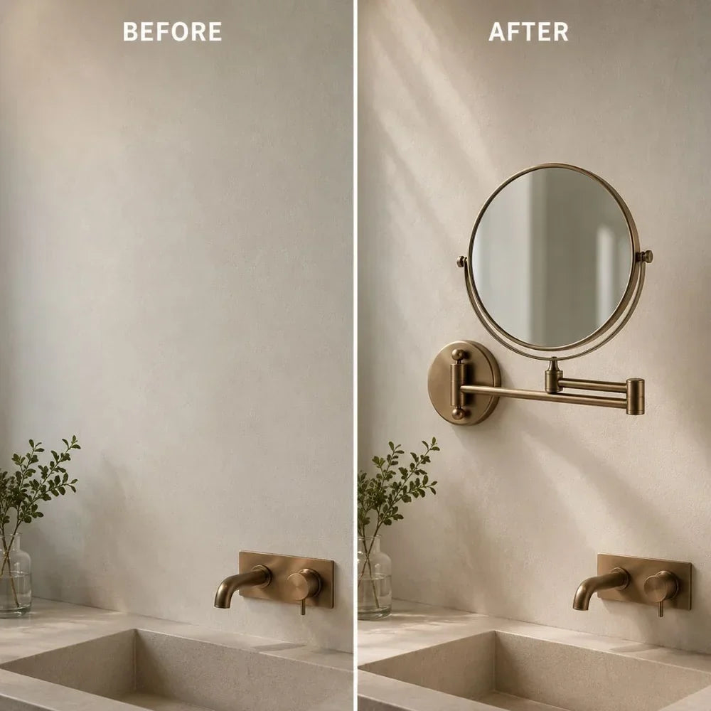 Extendable Dual-Sided Vanity Mirror with Adjustable Wall Arm for Close-Up Makeup Application and Everyday Grooming in Bathroom or Dressing