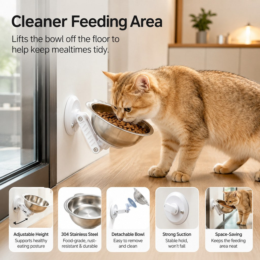 Ortekor No-Drill Wall-Mounted Pet Bowl for Small Dogs & Cats - Elevated Feeding for Cleaner Floors