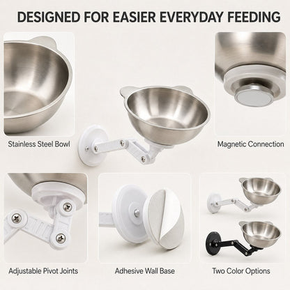 Ortekor Adjustable Wall-Mounted Pet Bowl for Cats & Small Dogs - Space-Saving Magnetic Stainless Steel Bowl
