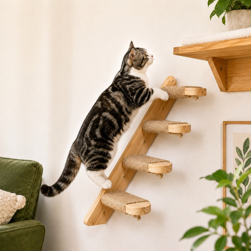 Ortekor Wall-Mounted Solid Wood Cat Steps for Shelves & Perches - Space-Saving Jute Climbing Ladder