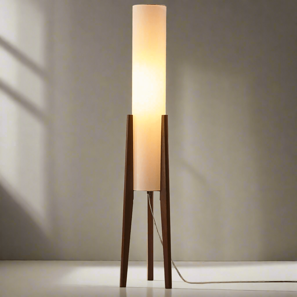 Solid Wood Floor Lamp with Fabric Shade – Mid-Century Standing Light for Living Room & Bedroom – Natural Walnut Base – 12W LED