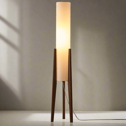 Solid Wood Floor Lamp with Fabric Shade – Mid-Century Standing Light for Living Room & Bedroom – Natural Walnut Base – 12W LED