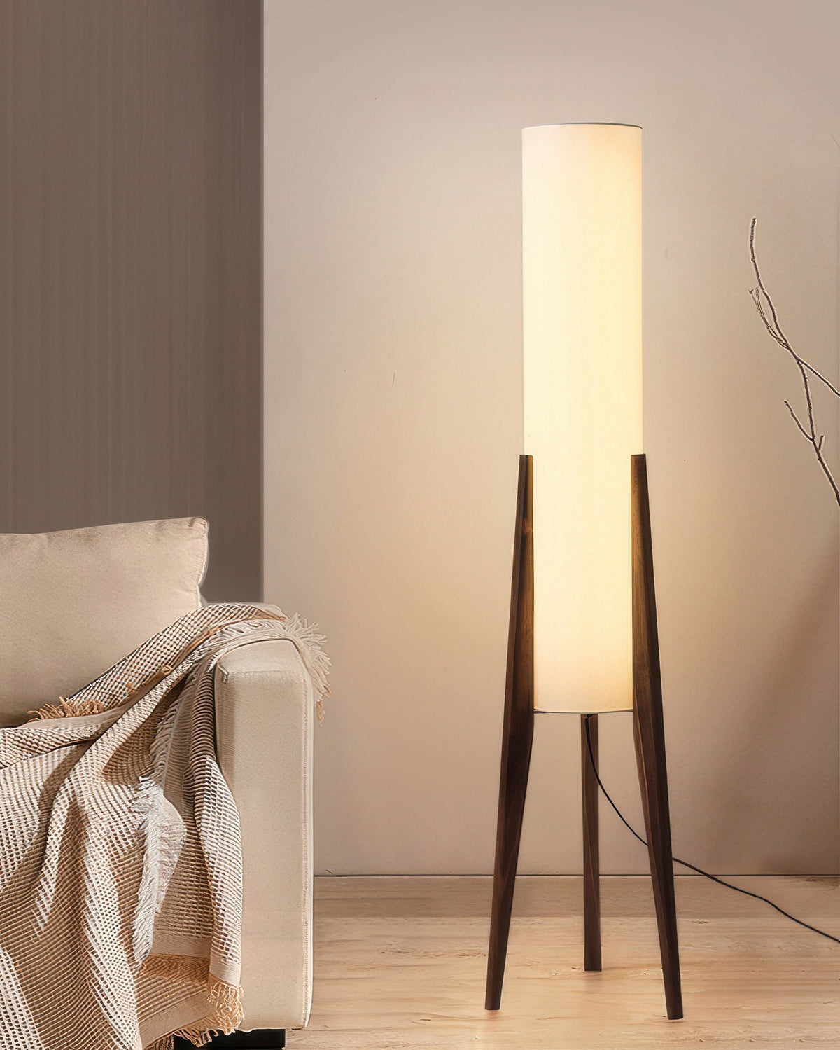 Solid Wood Floor Lamp with Fabric Shade – Mid-Century Standing Light for Living Room & Bedroom – Natural Walnut Base – 12W LED
