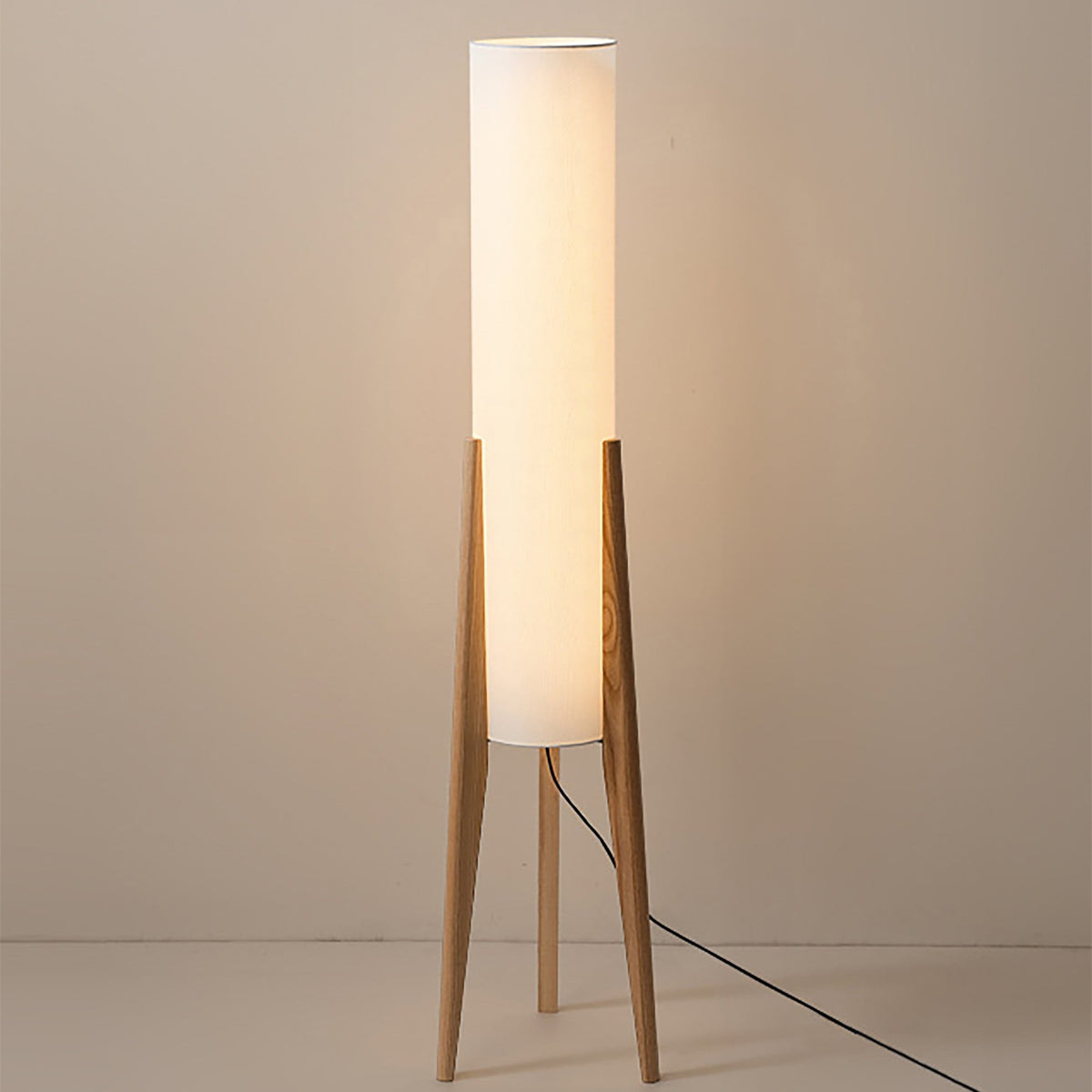 Solid Wood Floor Lamp with Fabric Shade – Mid-Century Standing Light for Living Room & Bedroom – Natural Walnut Base – 12W LED
