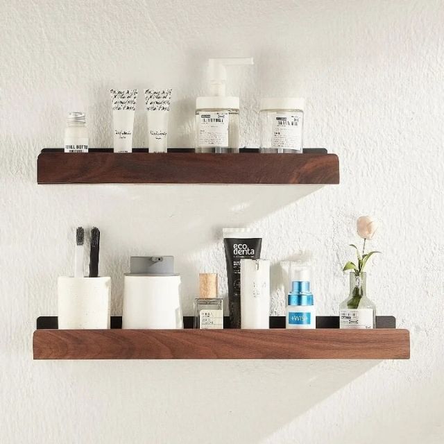 Floating Wood Shelf for Bathroom Wall – Adhesive Mount, Moisture Resistant, Compact Storage