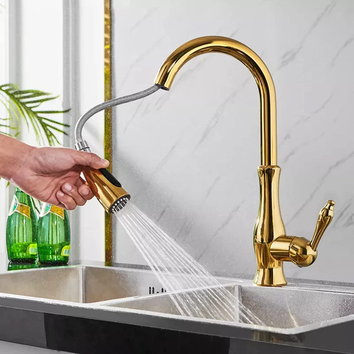 Pull-Down Kitchen Faucet with Spray Head | Single Handle Sink Faucet | Stainless Steel Spout | Pull-Out Sprayer for Farmhouse & Modern