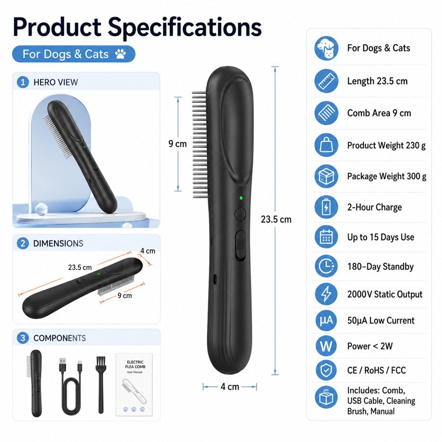 Ortekor Electric Flea Comb for Dogs & Cats – At-Home Flea Check & Loose Hair Grooming Without Sprays