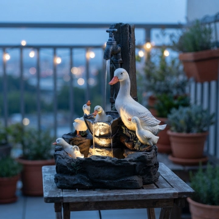 Solar Tabletop Water Fountain with Animal Figurine & LED Light for Patio Garden Deck Outdoor Decor Desktop Accent