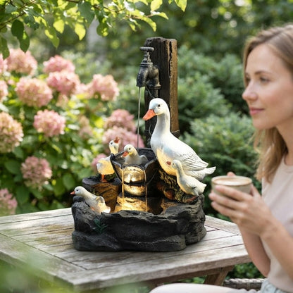 Solar Tabletop Water Fountain with Animal Figurine & LED Light for Patio Garden Deck Outdoor Decor Desktop Accent