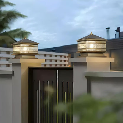 Copper Outdoor Pillar Lantern with Tempered Glass for Gate Posts, Fence Columns, and Garden Entrances - Solar or Wired E27 - Weatherproof