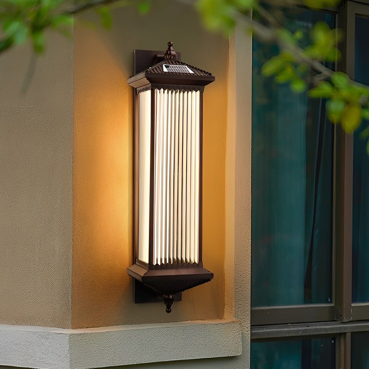 Solar-Powered Outdoor Lantern 23 in Cast Aluminum Coffee Brown Waterproof Garden Entrance Porch Pathway Veranda Exterior Facade Security Lig