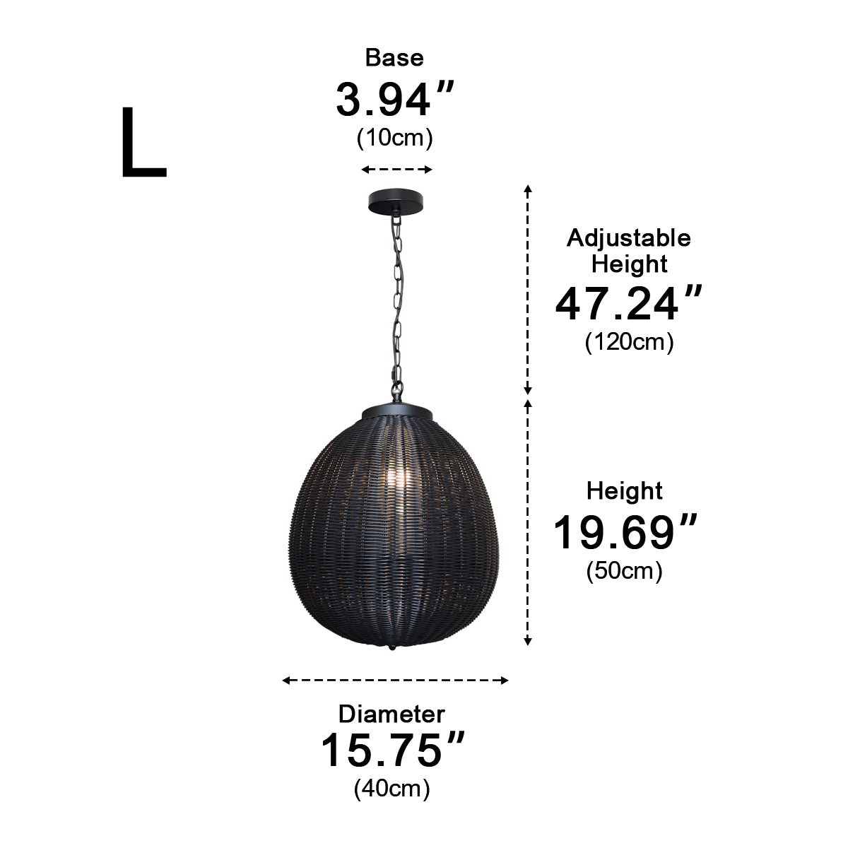 Woven Rattan Outdoor Hanging Lantern 16 in Black Waterproof Porch Light for Pergola Garden Patio Adjustable Cord E27 Socket