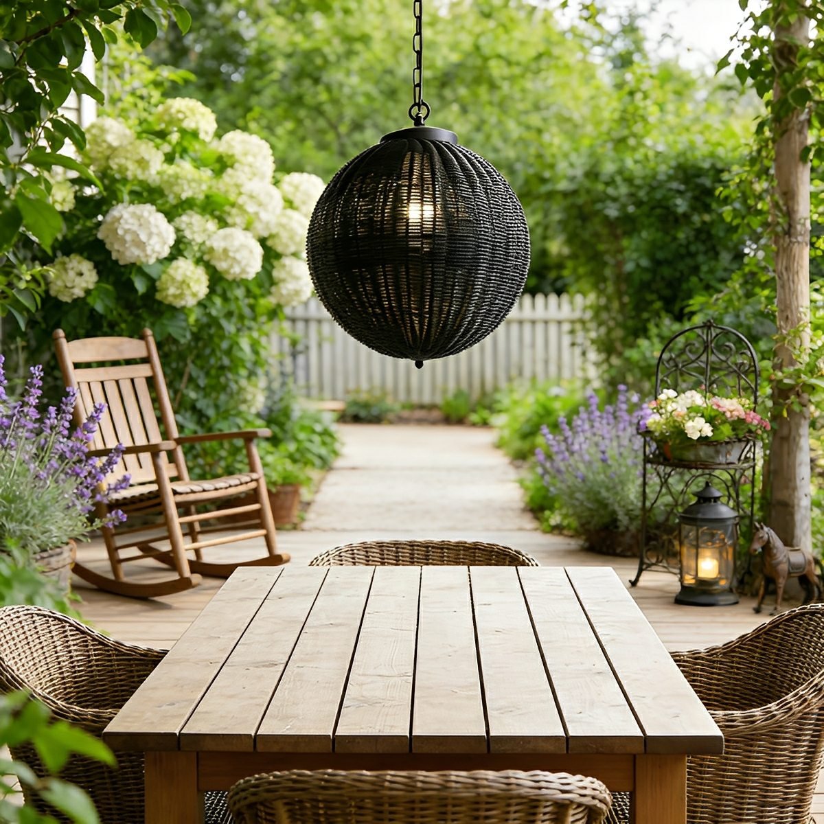 Woven Rattan Outdoor Hanging Lantern 16 in Black Waterproof Porch Light for Pergola Garden Patio Adjustable Cord E27 Socket