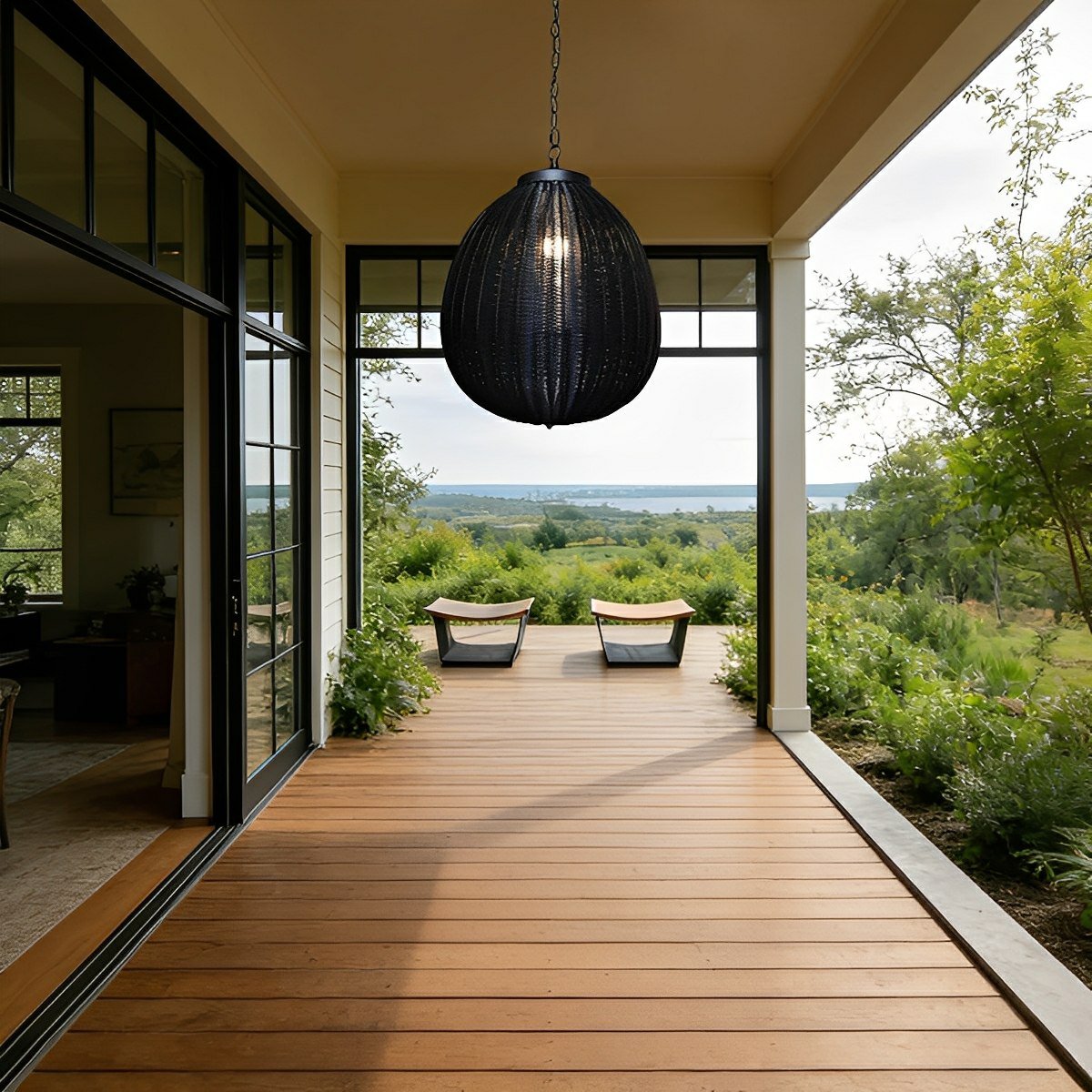 Woven Rattan Outdoor Hanging Lantern 16 in Black Waterproof Porch Light for Pergola Garden Patio Adjustable Cord E27 Socket