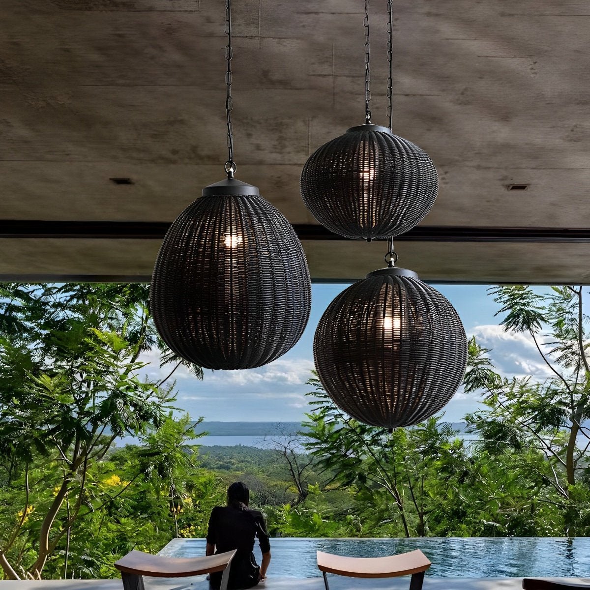 Woven Rattan Outdoor Hanging Lantern 16 in Black Waterproof Porch Light for Pergola Garden Patio Adjustable Cord E27 Socket