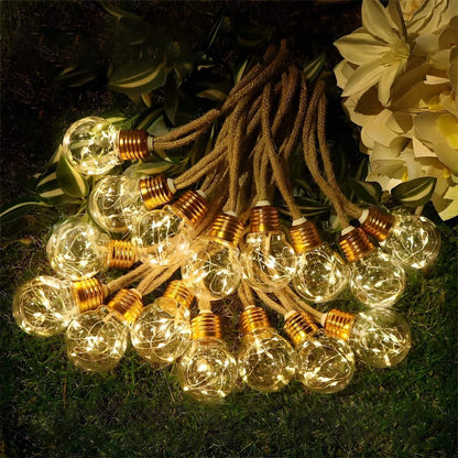 Guirlande lumineuse d'extérieur à énergie solaire, guirlande solaire pour jardin avec corde de chanvre, guirlande lumineuse LED pour terrasse et patio