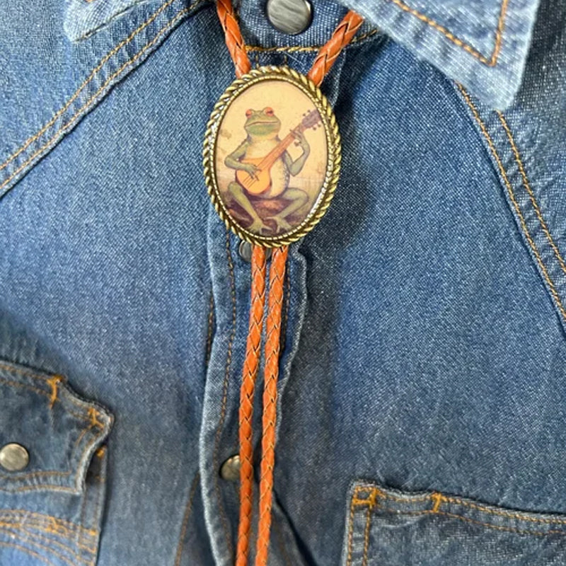 Western Bolo Tie with Frog Banjo Player Slide | Adjustable Leather Cord Neckwear | Resin & Metal Design for Men & Women | Country Music