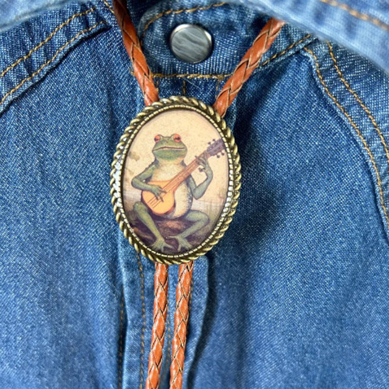 Western Bolo Tie with Frog Banjo Player Slide | Adjustable Leather Cord Neckwear | Resin & Metal Design for Men & Women | Country Music