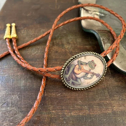 Western Bolo Tie with Frog Banjo Player Slide | Adjustable Leather Cord Neckwear | Resin & Metal Design for Men & Women | Country Music