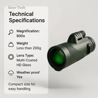 Monoculaire compact avec zoom 600x et objectif HD – Longue-vue légère pour les voyages, la randonnée et l'observation de la faune