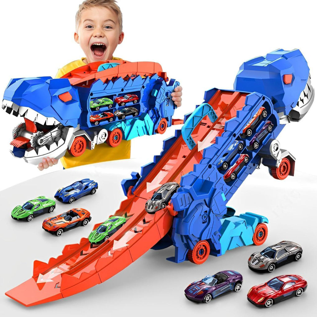 Ensemble de jouets camion dinosaure, transporteur de voitures Tyrannosaure pour 18 voitures, jouet piste de course 3 en 1 avec transformation en dinosaure