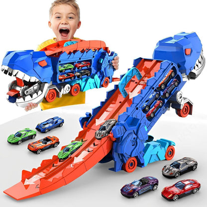 Ensemble de jouets camion dinosaure, transporteur de voitures Tyrannosaure pour 18 voitures, jouet piste de course 3 en 1 avec transformation en dinosaure