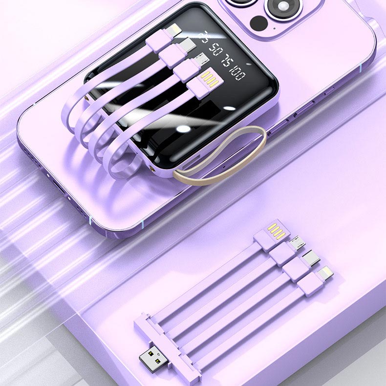 Portable Battery Pack 20000mAh with Built-In Charging Cables for iPhone & Android | Fast Charge Power Bank with LED Display