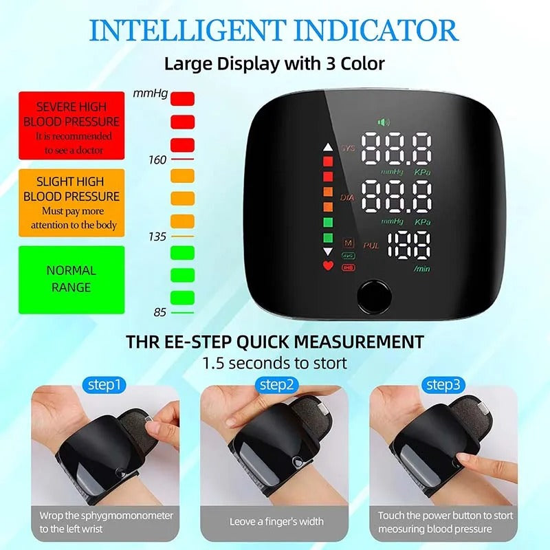 Tensiomètre de poignet rechargeable avec lecture vocale et écran LCD pour le suivi de la santé à domicile, adultes, seniors, facile à transporter, automatique