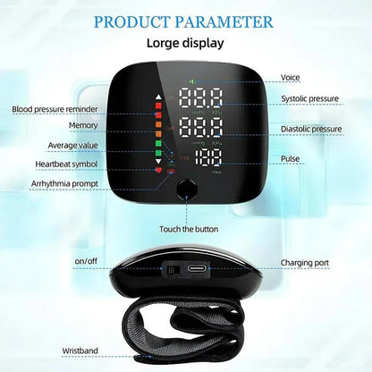 Tensiomètre de poignet rechargeable avec lecture vocale et écran LCD pour le suivi de la santé à domicile, adultes, seniors, facile à transporter, automatique