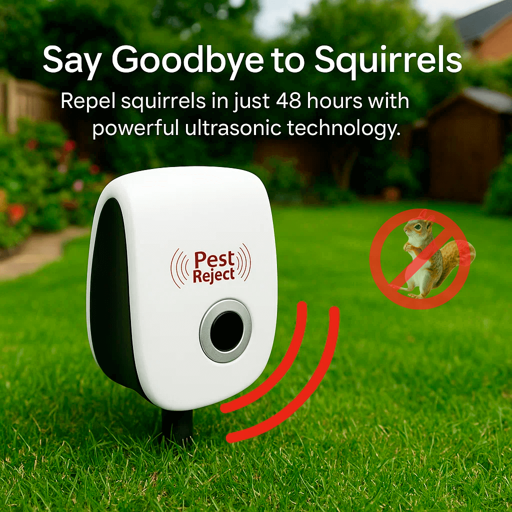 Répulsif à ultrasons extérieur pour écureuils pour jardins, cours, patios et garages, contrôle des rongeurs sans produits chimiques, couvre 74 m², sans danger pour les animaux domestiques
