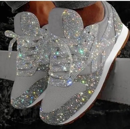 Women's Sparkling Low-Top Athletic Shoes – Shimmer Finish Lace-Up Sneakers for Everyday Wear & Casual Outfits