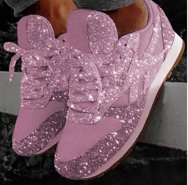Women's Sparkling Low-Top Athletic Shoes – Shimmer Finish Lace-Up Sneakers for Everyday Wear & Casual Outfits