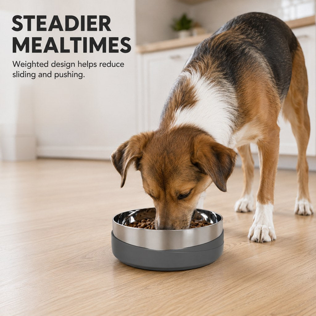 Ortekor Weighted Non-Slip Stainless Steel Dog & Cat Bowl for Tile & Hardwood Floors - Helps Reduce Sliding & Mealtime Mess