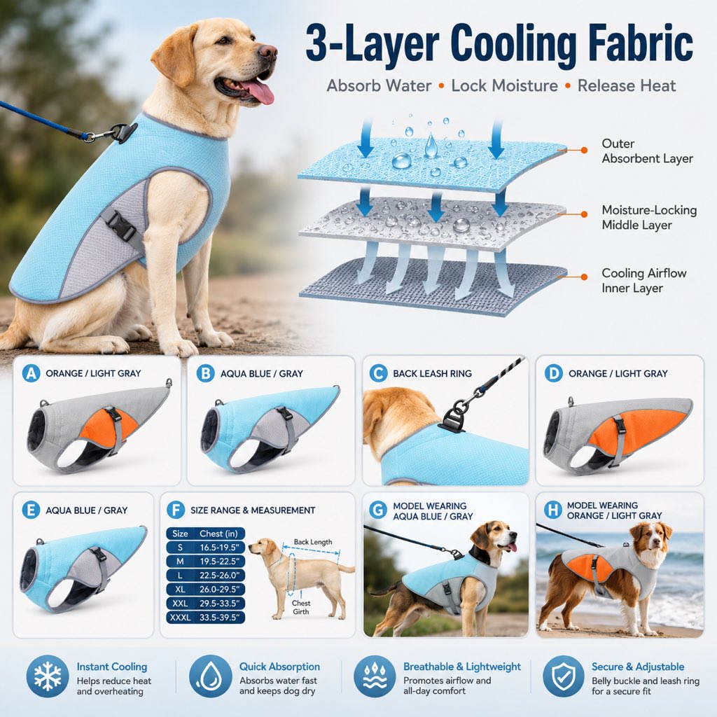 Ortekor Dog Cooling Vest for Summer Walks - Wet-to-Cool Lightweight Jacket with Leash Ring for Hot Weather Outdoor Comfort