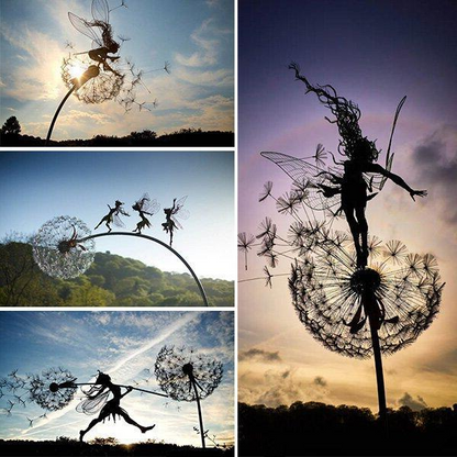 Metal Fairy Garden Stakes with Dandelion Flowers for Outdoor Yard Decoration | Whimsical Lawn Ornaments for Spring Summer Gardens & Flower