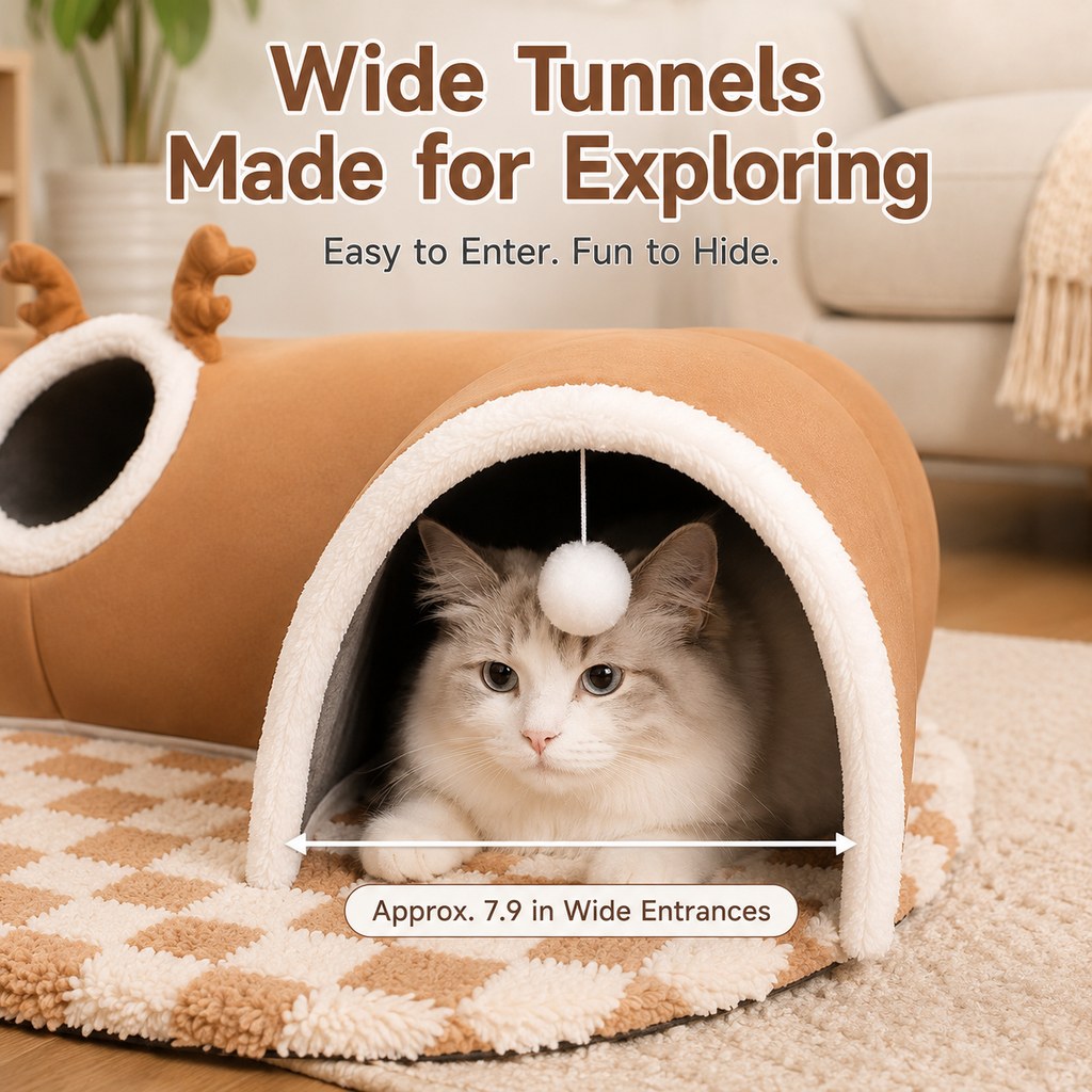 Ortekor 3-in-1 Multi-Cat Tunnel Bed & Play Mat for Indoor Cats - Spacious Cozy Hideaway for Shared Rest, Play & Less Bed Competition