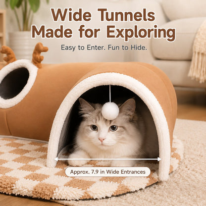 Ortekor 3-in-1 Multi-Cat Tunnel Bed & Play Mat for Indoor Cats - Spacious Cozy Hideaway for Shared Rest, Play & Less Bed Competition