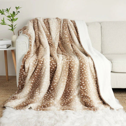Reversible Faux Fur Throw Blanket with Woodland Deer Print – Double-Sided Plush for Couch, Bed & Living Room