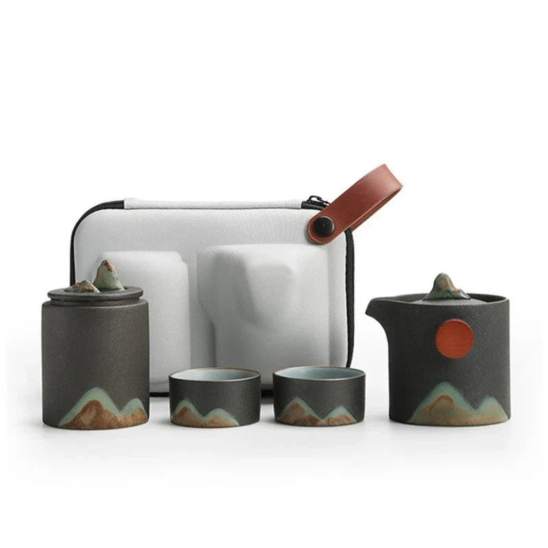 Ceramic Loose Leaf Tea Brewing Kit with Built-In Filter, Wooden Handle Teapot & Cups, Portable Tea Set for Camping, Office & Outdoor Use