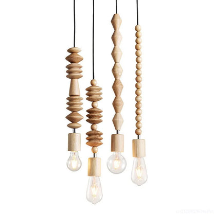 Hanging Ceiling Fixture with Natural Wood Bead Detail 48 inch Drop Modern Japandi Suspension Lamp for Dining Room Living Area Overhead Light