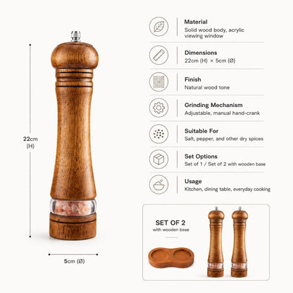 Ensemble de moulins à sel et à poivre manuels, mouture réglable, fenêtre transparente, finition en bois naturel, moulin à épices à manivelle pour cuisine et table à manger