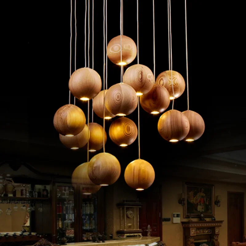 Wooden Globe Drop Ceiling Fixture 4-Inch Walnut Finish for Kitchen Island Dining Room Entryway Adjustable Cord Multi-Cluster Compatible Warm