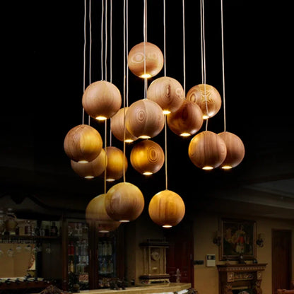 Wooden Globe Drop Ceiling Fixture 4-Inch Walnut Finish for Kitchen Island Dining Room Entryway Adjustable Cord Multi-Cluster Compatible Warm