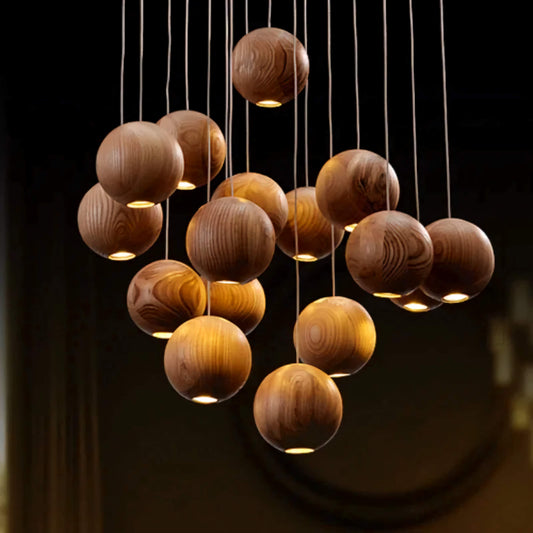 Luminaire de plafond suspendu globe en bois, 4 pouces, finition noyer pour îlot de cuisine, salle à manger, entrée, cordon réglable, compatible multi-grappes, chaleureux