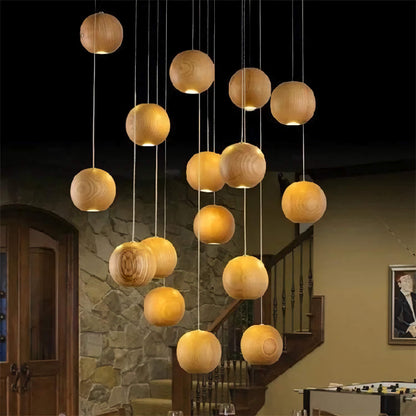 Wooden Globe Drop Ceiling Fixture 4-Inch Walnut Finish for Kitchen Island Dining Room Entryway Adjustable Cord Multi-Cluster Compatible Warm