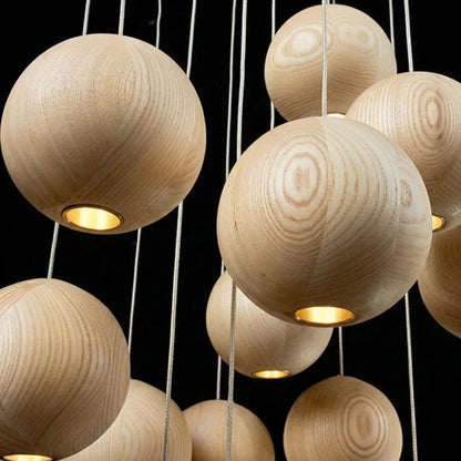Wooden Globe Drop Ceiling Fixture 4-Inch Walnut Finish for Kitchen Island Dining Room Entryway Adjustable Cord Multi-Cluster Compatible Warm