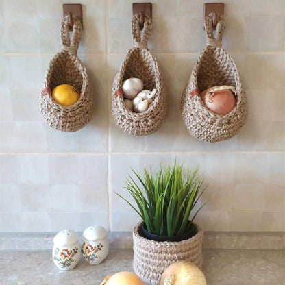 Handwoven Hemp Rope Wall-Mount Organizer for Kitchen Produce & Pantry Items | Natural Fiber Space-Saving Caddy | Farmhouse Décor
