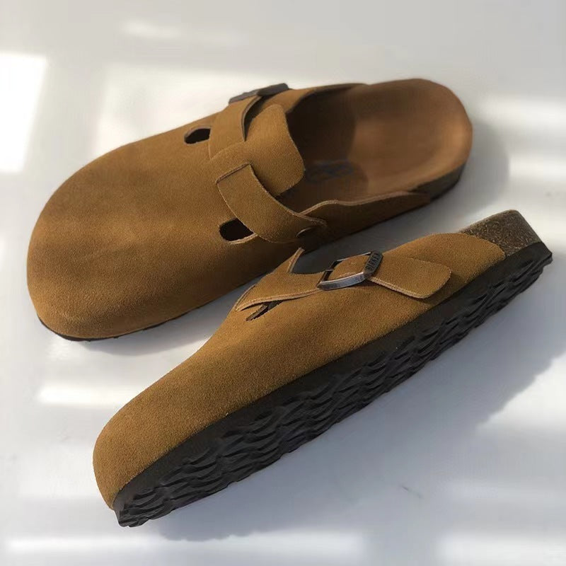Unisex Leather Sandals with Adjustable Buckle Strap – Cushioned Footbed Slides for Indoor Outdoor Everyday Wear Men Women